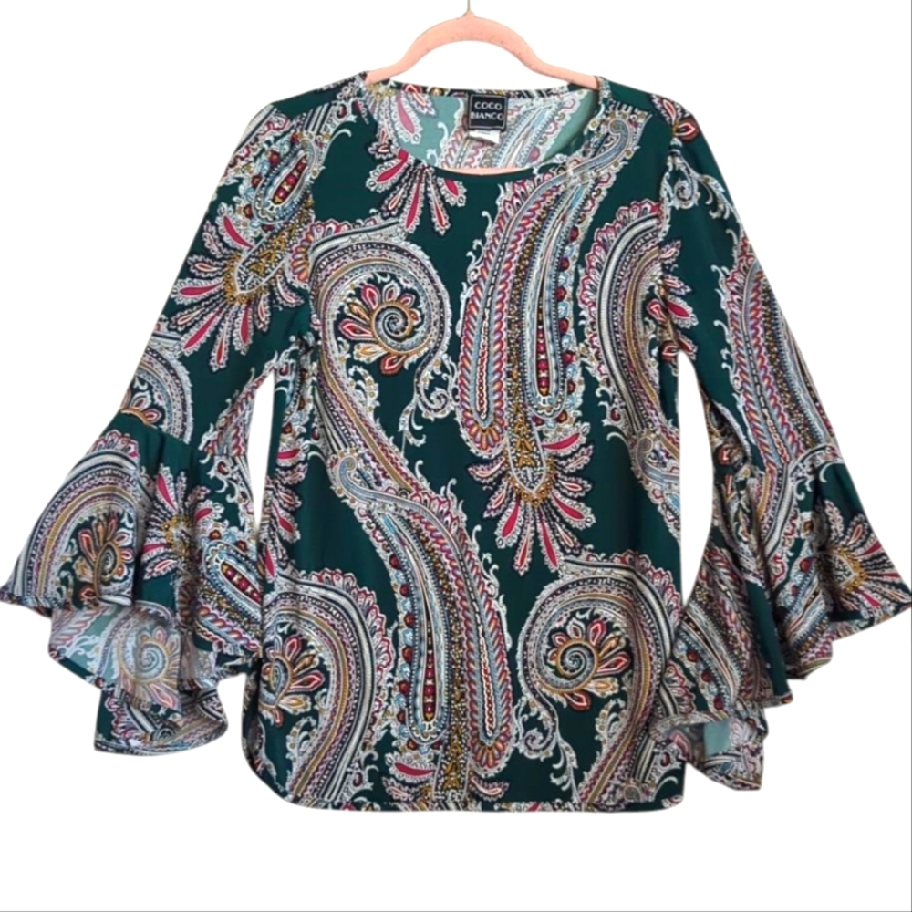 Coco Bianca Green Paisley Print Bell Sleeved Blouse Top 80"s Retro Size Medium
